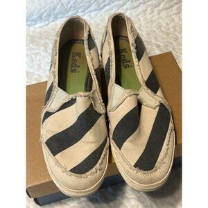 Keds Shoe Womens Size 7 M Distressed Tan Navy Blue Striped Slip on Comfort Sneak